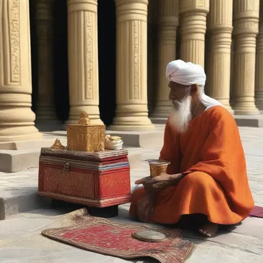 As pilgrims gathered outside the ancient temple, a humble pedlar passed by, selling sacred relics and blessed artifacts to the devout worshippers.
