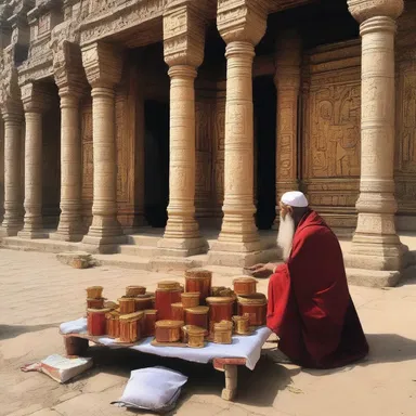 As pilgrims gathered outside the ancient temple, a humble pedlar passed by, selling sacred relics and blessed artifacts to the devout worshippers.