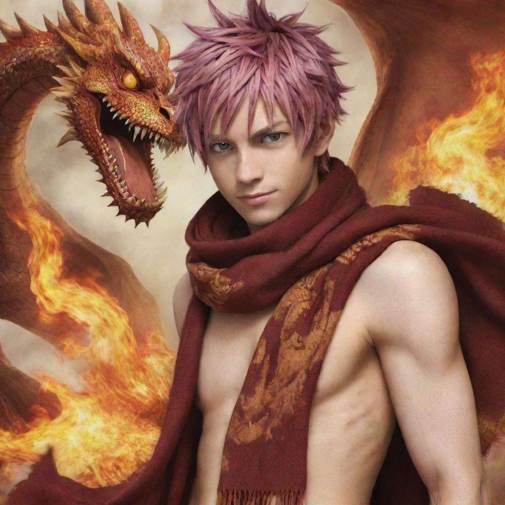 Alter the merged image of Natsu Dragneel and the dragon-human hybrid, so that the scarf Natsu is wearing appears to have a unique scale-like texture, adding to the dragon-inspired theme of his appearance.