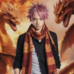 Alter the merged image of Natsu Dragneel and the dragon-human hybrid, so that the scarf Natsu is wearing appears to have a unique scale-like texture, adding to the dragon-inspired theme of his appearance.