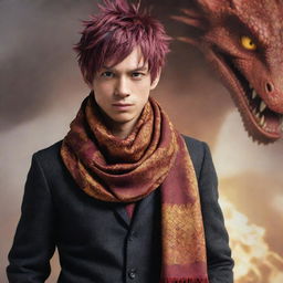 Refashion the hybrid of Natsu Dragneel and the dragon-human image, making the scarf he's wearing take on a dragon scale texture. This enhancement should add an intriguing visual appeal and contribute to the dragon aesthetics.