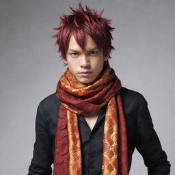 Refashion the hybrid of Natsu Dragneel and the dragon-human image, making the scarf he's wearing take on a dragon scale texture. This enhancement should add an intriguing visual appeal and contribute to the dragon aesthetics.