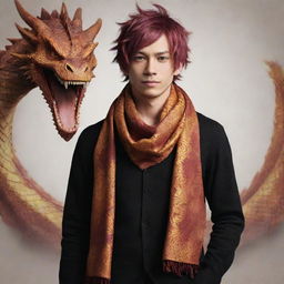 Refashion the hybrid of Natsu Dragneel and the dragon-human image, making the scarf he's wearing take on a dragon scale texture. This enhancement should add an intriguing visual appeal and contribute to the dragon aesthetics.