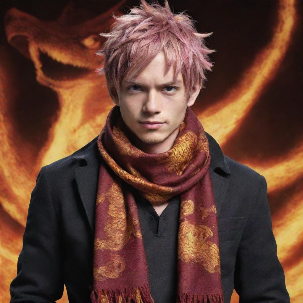 Refashion the hybrid of Natsu Dragneel and the dragon-human image, making the scarf he's wearing take on a dragon scale texture. This enhancement should add an intriguing visual appeal and contribute to the dragon aesthetics.