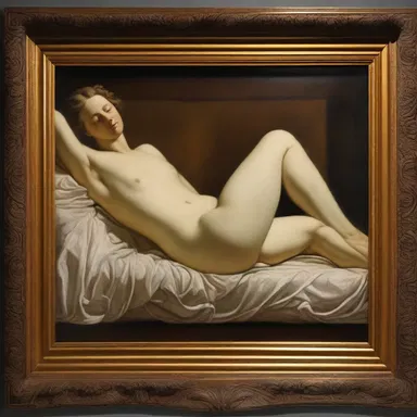 The artist depicted a reclining figure resting against a beautifully carved backboard in the painting.