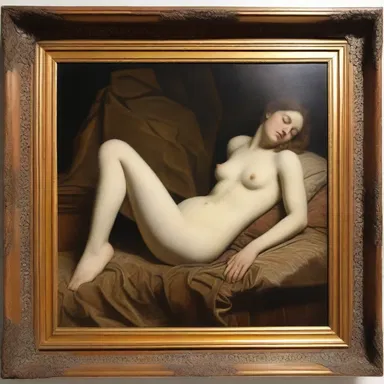 The artist depicted a reclining figure resting against a beautifully carved backboard in the painting.