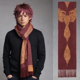 Make adjustments to the scarf worn by the merged character of Natsu Dragneel and the dragon-man. Give it a unique design featuring a dragon scale texture that adds to the overall dragon-inspired motif of his look.