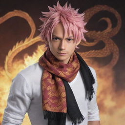 Make adjustments to the scarf worn by the merged character of Natsu Dragneel and the dragon-man. Give it a unique design featuring a dragon scale texture that adds to the overall dragon-inspired motif of his look.