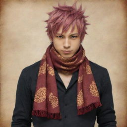 Make adjustments to the scarf worn by the merged character of Natsu Dragneel and the dragon-man. Give it a unique design featuring a dragon scale texture that adds to the overall dragon-inspired motif of his look.