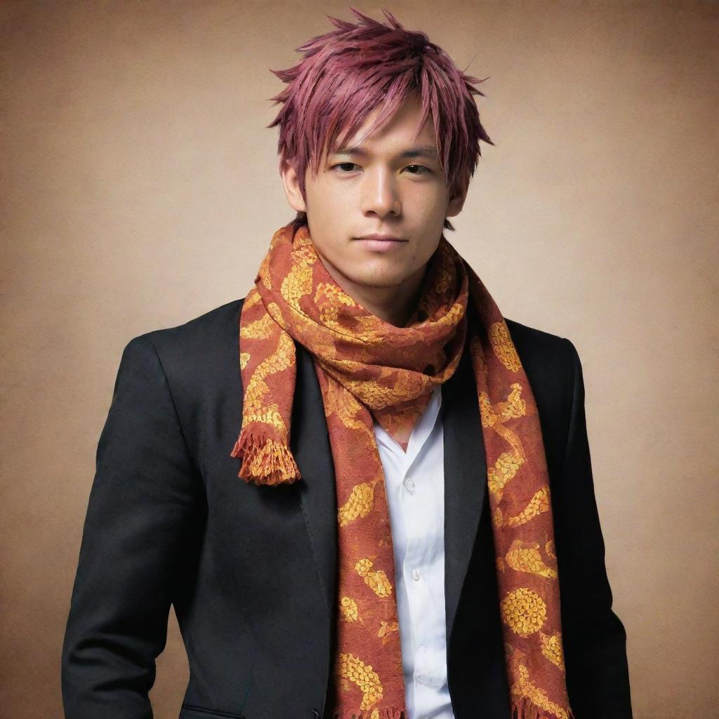 Make adjustments to the scarf worn by the merged character of Natsu Dragneel and the dragon-man. Give it a unique design featuring a dragon scale texture that adds to the overall dragon-inspired motif of his look.