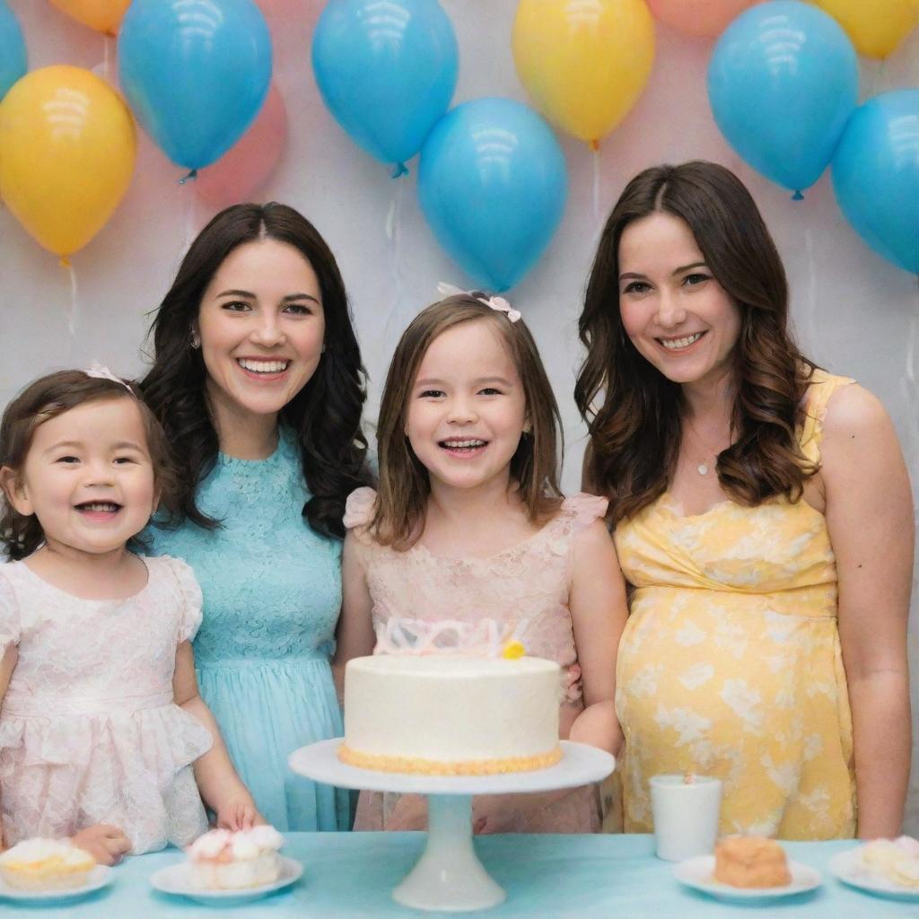 Depict a joyous baby shower thrown by Alex and Emily, with friends and family sharing in the celebration. Highlight moments of laughter, advice-sharing, and expressions of well-wishes for the expectant couple.