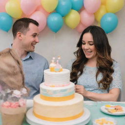 Depict a joyous baby shower thrown by Alex and Emily, with friends and family sharing in the celebration. Highlight moments of laughter, advice-sharing, and expressions of well-wishes for the expectant couple.