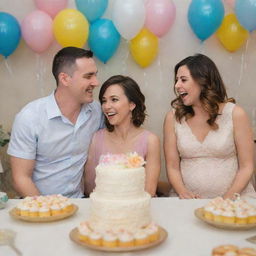 Depict a joyous baby shower thrown by Alex and Emily, with friends and family sharing in the celebration. Highlight moments of laughter, advice-sharing, and expressions of well-wishes for the expectant couple.