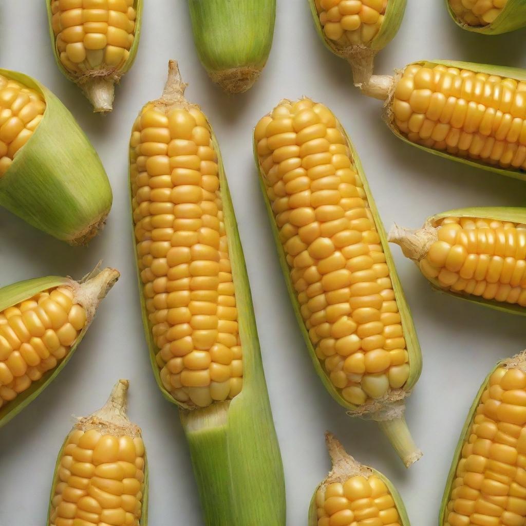 Produce a vivid image of a ripe, golden-yellow corn on the cob, with juicy kernels popping up in an irregular pattern, and green husk partially peeled back, against a simple, uncluttered background.