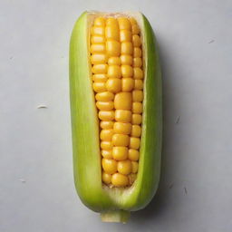 Produce a vivid image of a ripe, golden-yellow corn on the cob, with juicy kernels popping up in an irregular pattern, and green husk partially peeled back, against a simple, uncluttered background.