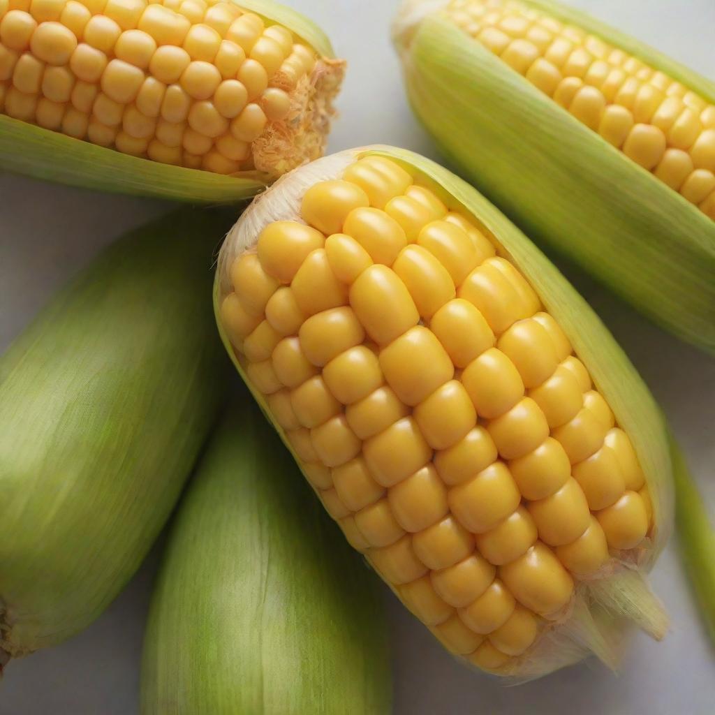 Produce a vivid image of a ripe, golden-yellow corn on the cob, with juicy kernels popping up in an irregular pattern, and green husk partially peeled back, against a simple, uncluttered background.