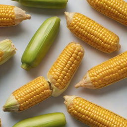 Produce a vivid image of a ripe, golden-yellow corn on the cob, with juicy kernels popping up in an irregular pattern, and green husk partially peeled back, against a simple, uncluttered background.