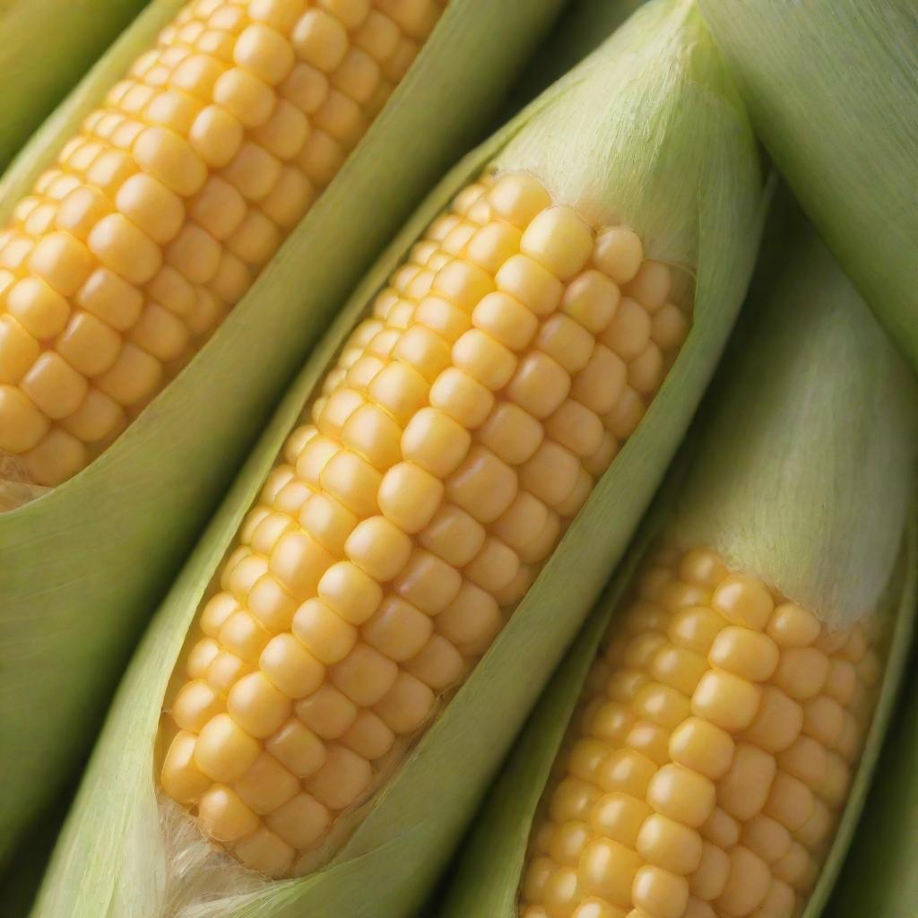 Increase the size of the previously generated corn image, while maintaining its vivid color and details. Ensure the enlarged corn looks juicy, fresh, and remarkably appealing.