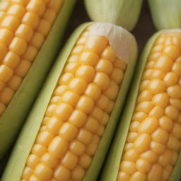 Increase the size of the previously generated corn image, while maintaining its vivid color and details. Ensure the enlarged corn looks juicy, fresh, and remarkably appealing.