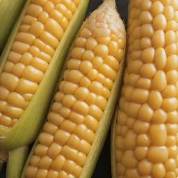 Increase the size of the previously generated corn image, while maintaining its vivid color and details. Ensure the enlarged corn looks juicy, fresh, and remarkably appealing.