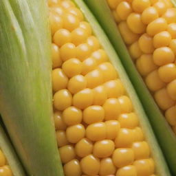 Increase the size of the previously generated corn image, while maintaining its vivid color and details. Ensure the enlarged corn looks juicy, fresh, and remarkably appealing.