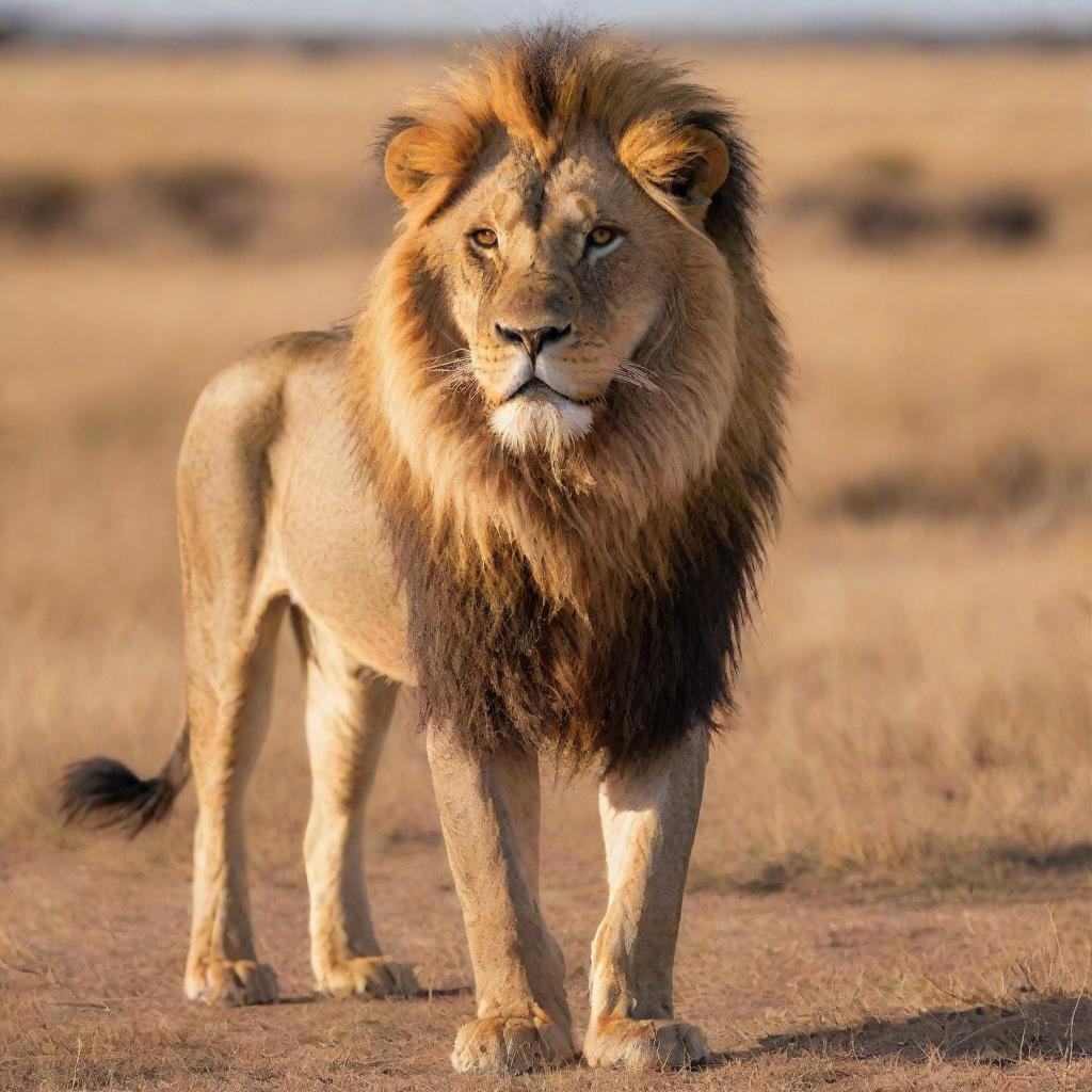 A regal, powerful lion standing in the African savannah. It is bathed in golden sunlight, its mane blowing in the wind, creating an iconic and breathtaking image