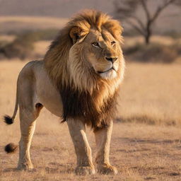 A regal, powerful lion standing in the African savannah. It is bathed in golden sunlight, its mane blowing in the wind, creating an iconic and breathtaking image