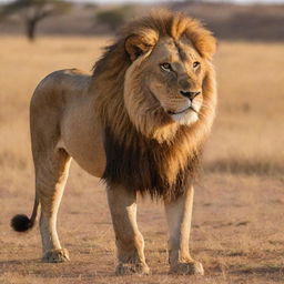 A regal, powerful lion standing in the African savannah. It is bathed in golden sunlight, its mane blowing in the wind, creating an iconic and breathtaking image