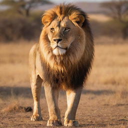 A regal, powerful lion standing in the African savannah. It is bathed in golden sunlight, its mane blowing in the wind, creating an iconic and breathtaking image