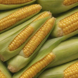 Enlarge the image of the corn, keeping the detailed depiction of the ripe, golden-yellow kernels and the green husk. The resulting image should convey the appealing freshness and wholesomeness of the corn.