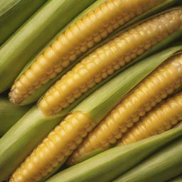 Enlarge the image of the corn, keeping the detailed depiction of the ripe, golden-yellow kernels and the green husk. The resulting image should convey the appealing freshness and wholesomeness of the corn.