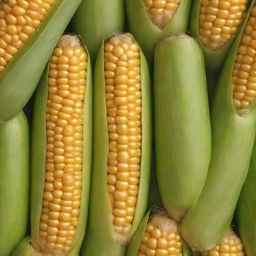 Enlarge the image of the corn, keeping the detailed depiction of the ripe, golden-yellow kernels and the green husk. The resulting image should convey the appealing freshness and wholesomeness of the corn.