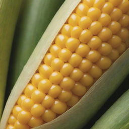 Magnify the existing image of the corn, focusing on its bright golden kernels and vibrant green husk. Even in its enlarged state, preserve the details that make it look juicy and fresh.