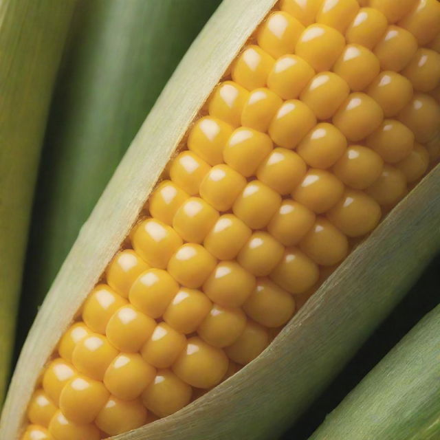 Magnify the existing image of the corn, focusing on its bright golden kernels and vibrant green husk. Even in its enlarged state, preserve the details that make it look juicy and fresh.