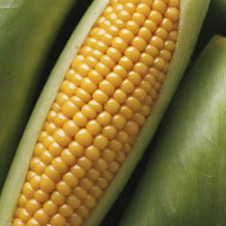 Magnify the existing image of the corn, focusing on its bright golden kernels and vibrant green husk. Even in its enlarged state, preserve the details that make it look juicy and fresh.