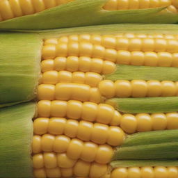 Magnify the existing image of the corn, focusing on its bright golden kernels and vibrant green husk. Even in its enlarged state, preserve the details that make it look juicy and fresh.