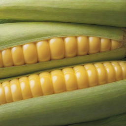 Magnify the existing image of the corn, focusing on its bright golden kernels and vibrant green husk. Even in its enlarged state, preserve the details that make it look juicy and fresh.