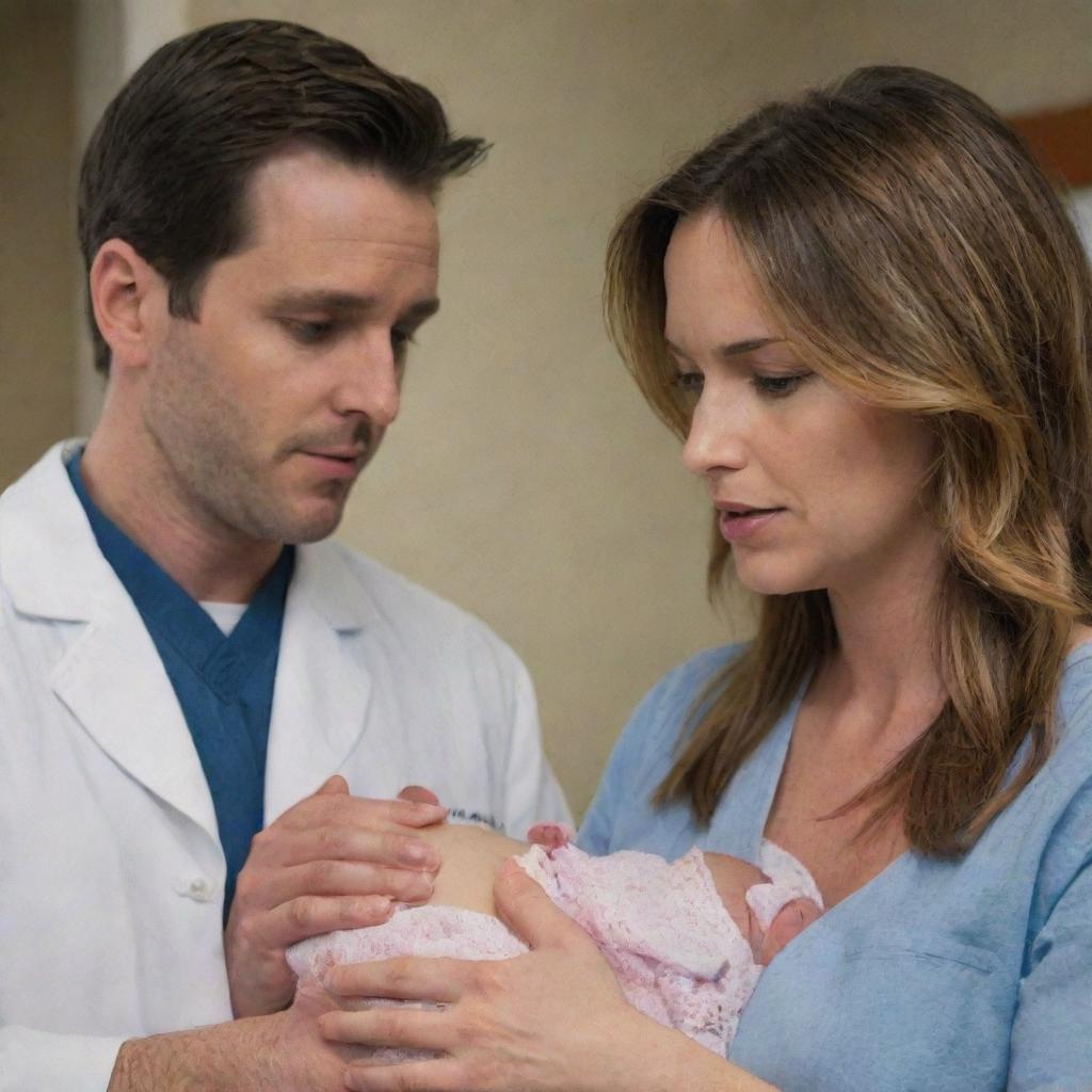 Create a series of scenes where Emily faces unexpected pregnancy complications. Include elements showing Alex's unwavering support, accompanying her to doctor's visits, and comforting her during challenging moments.