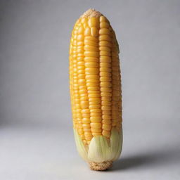 Create an image of an unnaturally large, ripe yellow corn on the cob with its size being the focus of the image, contrasting the oversized object against a suitable background that accentuates its gigantic scale.