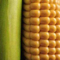 Create an image of an unnaturally large, ripe yellow corn on the cob with its size being the focus of the image, contrasting the oversized object against a suitable background that accentuates its gigantic scale.