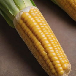 Create an image of an unnaturally large, ripe yellow corn on the cob with its size being the focus of the image, contrasting the oversized object against a suitable background that accentuates its gigantic scale.