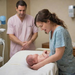 Build up tension as due date approaches, culminating in a dramatic rush to the hospital. Capture the emotional intensity in the labor room, filled with sounds of encouragement and support. Lastly, depict the newborn's first cry and the emotional family moment.