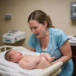 Build up tension as due date approaches, culminating in a dramatic rush to the hospital. Capture the emotional intensity in the labor room, filled with sounds of encouragement and support. Lastly, depict the newborn's first cry and the emotional family moment.