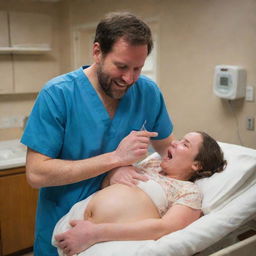 Build up tension as due date approaches, culminating in a dramatic rush to the hospital. Capture the emotional intensity in the labor room, filled with sounds of encouragement and support. Lastly, depict the newborn's first cry and the emotional family moment.