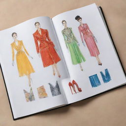 An open fashion book, displaying colorful sketches of chic clothing designs amidst glossy photographs of haute couture.