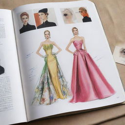 An open fashion book, displaying colorful sketches of chic clothing designs amidst glossy photographs of haute couture.