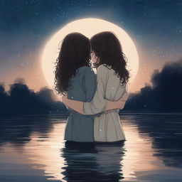 A high-quality digital art piece depicts two teenage girls embracing in a river under the night sky