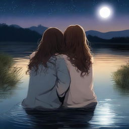 A high-quality digital art piece depicts two teenage girls embracing in a river under the night sky