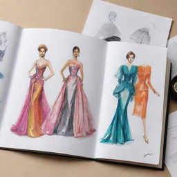 An open fashion book, displaying colorful sketches of chic clothing designs amidst glossy photographs of haute couture.