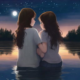 A high-quality digital art piece depicts two teenage girls embracing in a river under the night sky